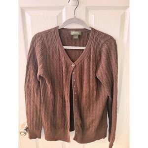 Eddie Bauer Womens Cable Knit Cardigan Sweater Brown Cotton V Neck Button Up M